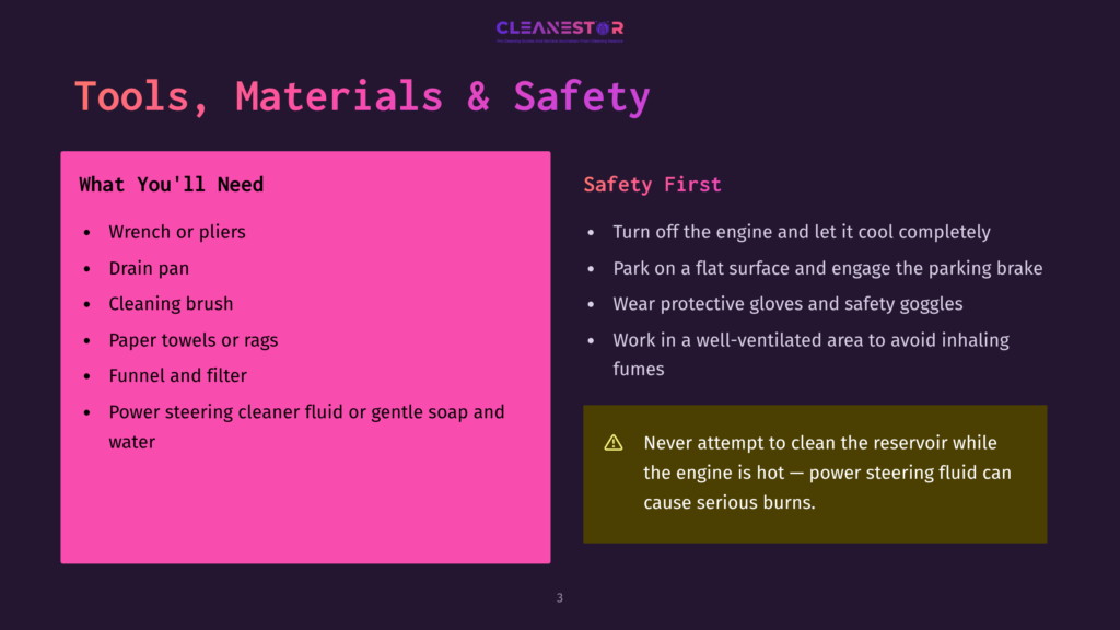 3 Tools Materials And Safety 6 A Pink And Green Infographic With Safety Tips For Power Steering Fluid Maintenance, Listing Required Tools And Materials, And Emphasizing Safety Precautions.