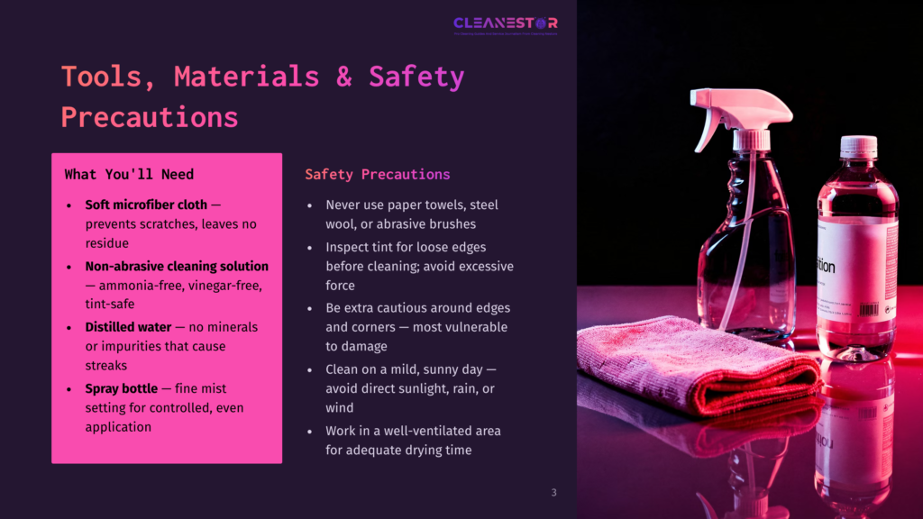 3 Tools Materials And Safety Precautions Cleanestor Cleaning Supplies: Microfiber Cloth, Non-Abrasive Cleaning Solution, Distilled Water, And Spray Bottle Next To Cleaning Instructions.