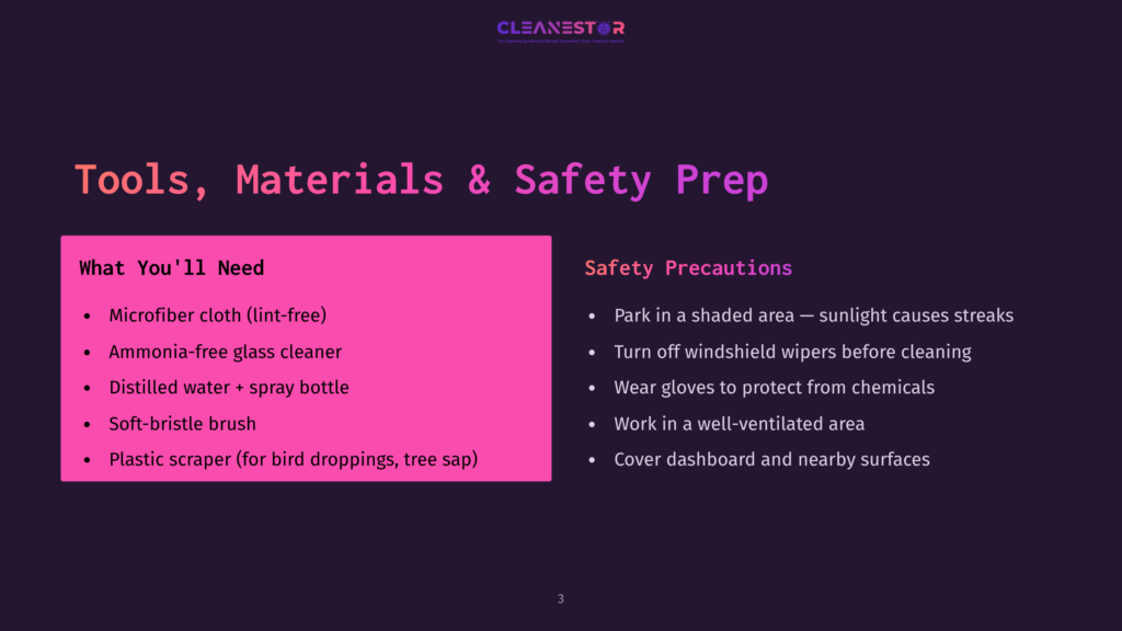 3 Tools Materials And Safety Prep A Dark Purple Slide Titled &Quot;Tools, Materials &Amp; Safety Prep&Quot; Lists Items Like Microfiber Cloth And Ammonia-Free Glass Cleaner, And Safety Precautions Such As Parking In A Shaded Area.