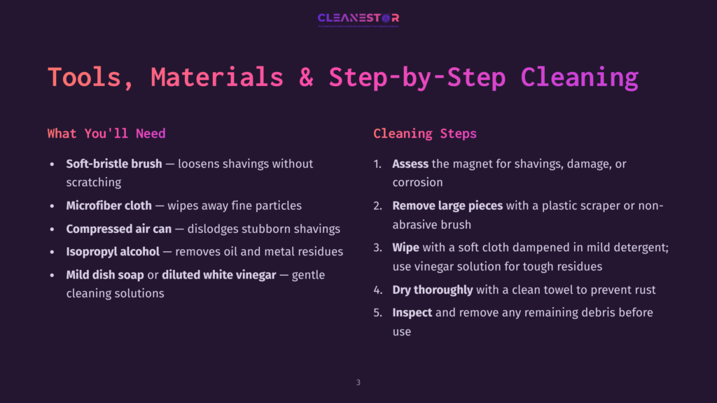 3 Tools Materials And Step By Step Cleaning A Dark Purple Slide Titled &Quot;Tools, Materials &Amp; Step-By-Step Cleaning&Quot; Lists Cleaning Supplies Like A Soft-Bristle Brush, Microfiber Cloth, And Isopropyl Alcohol, And Outlines Cleaning Steps Including Assessing The Magnet And Wiping With A Soft Cloth.
