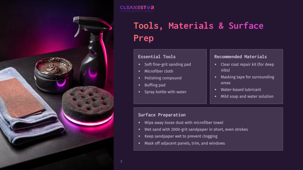A Dark Table Displays Essential Tools And Materials For Surface Preparation. A Soft Fine-Grit Sanding Pad, Microfiber Cloth, Polishing Compound, Buffing Pad, And Spray Bottle With Water Are Placed Next To A Clear Coat Repair Kit, Masking Tape, Water-Based Lubricant, Mild Soap, And Water Solution.