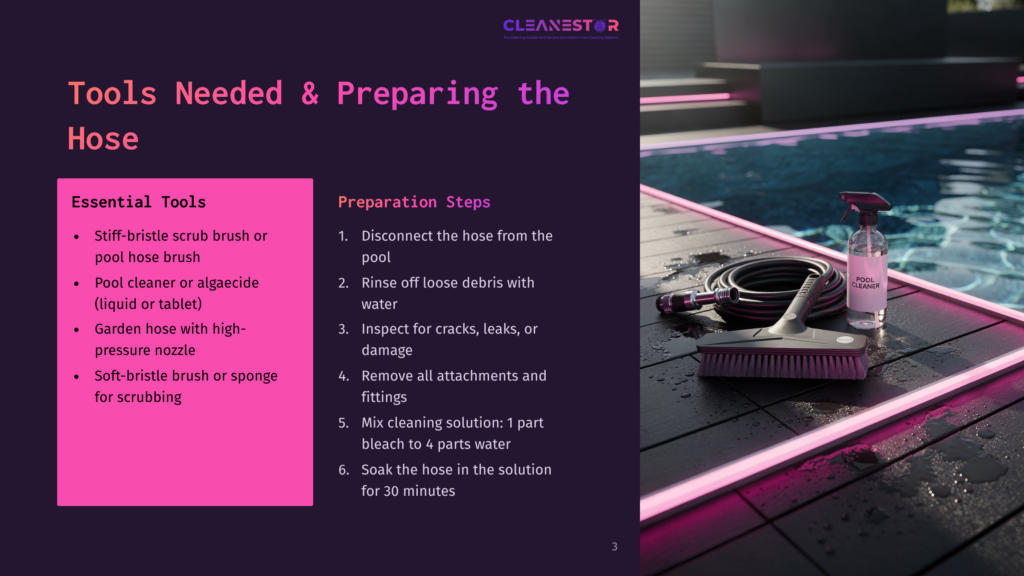 A Bottle Of &Quot;Pool Cleaner&Quot; And A Pool Brush Sit On A Wet, Dark Wooden Deck Next To A Coiled Hose, With A Neon Pink Light Accenting The Edge Of A Swimming Pool In The Background.