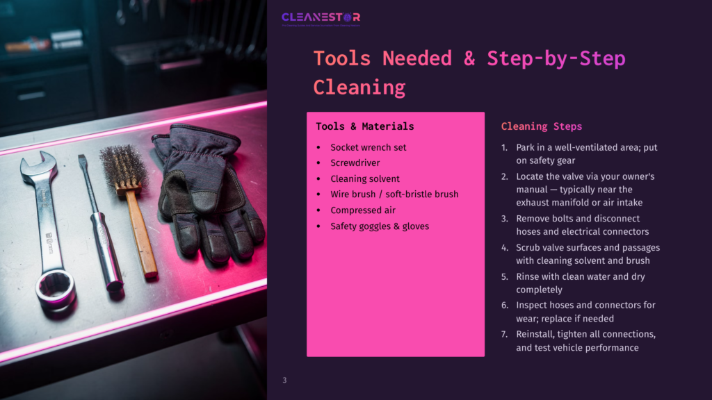 Tools For Cleaning A Vehicle'S Exhaust System Are Laid Out On A Workbench: A Wrench, Screwdriver, Wire Brush, Gloves, And Safety Goggles, With A Cleaning Guide Titled &Quot;Tools Needed &Amp; Step-By-Step Cleaning&Quot; Visible.
