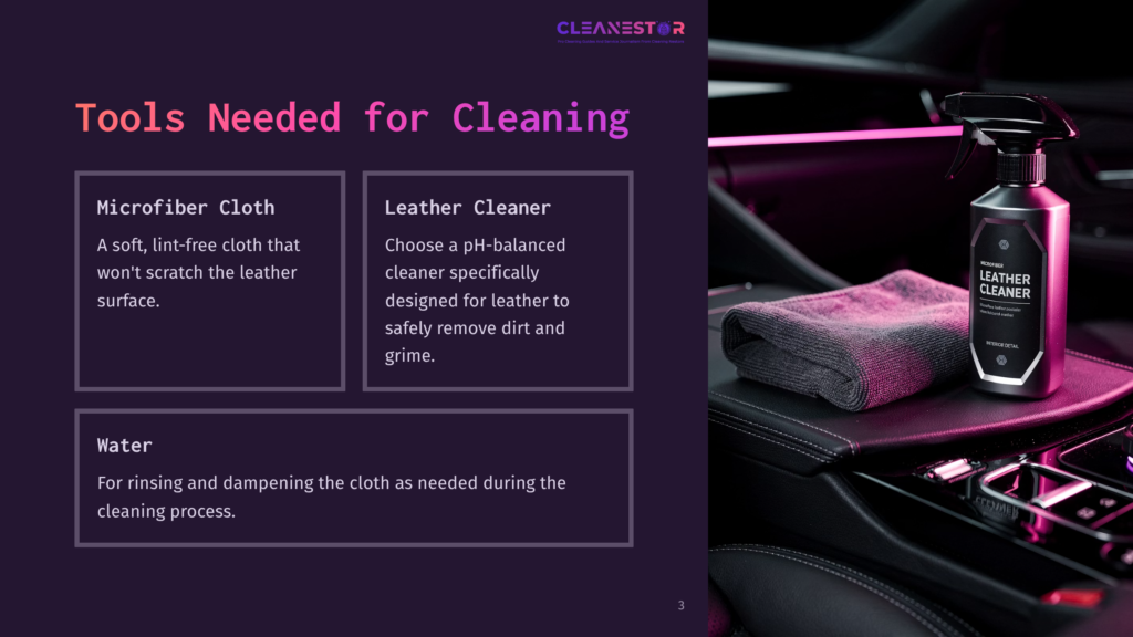 Close-Up Of A Car'S Leather Interior With A Microfiber Cloth And A Spray Bottle Of &Quot;Cleanestor Leather Cleaner&Quot; In The Foreground, Highlighting Tools For Car Cleaning.