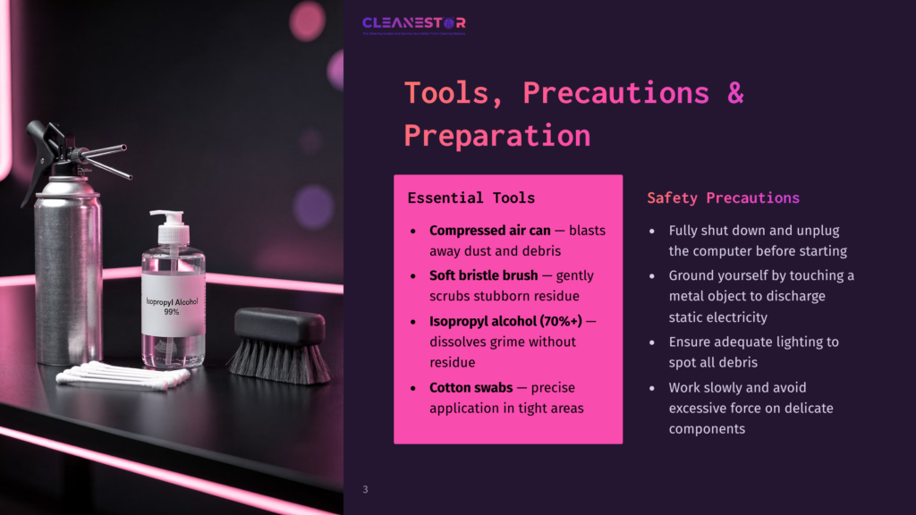 3 Tools Precautions And Preparation Cleaning Supplies For Electronics: A Silver Soda Siphon, A Bottle Of 99% Isopropyl Alcohol, A Soft Bristle Brush, And Cotton Swabs On A Dark, Reflective Surface With Neon Lighting. Text: &Quot;Cleanestor&Quot;, &Quot;Essential Tools&Quot;, &Quot;Safety Precautions&Quot;, &Quot;Compressed Air Can&Quot;, &Quot;Soft Bristle Brush&Quot;, &Quot;Isopropyl Alcohol (70%+)&Quot;, &Quot;Cotton Swabs&Quot;.