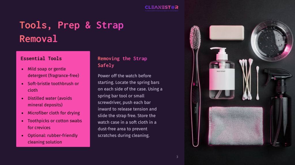 3 Tools Prep And Strap Removal Watch Cleaning Tools Including A Toothbrush, Cotton Swabs, Microfiber Cloth, Mild Soap, And Distilled Water Are Laid Out On A Dark Surface.