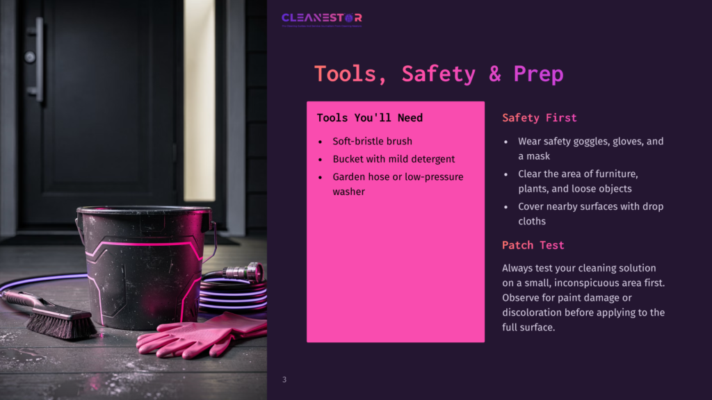 A Cleaning Bucket, Soft-Bristle Brush, And Pink Gloves Sit On A Dark, Wet Surface Next To A Coiled Hose. The Image Displays &Quot;Cleanestor&Quot; Logo And &Quot;Tools, Safety &Amp; Prep&Quot; Title, With Bullet Points On Tools And Safety Tips.