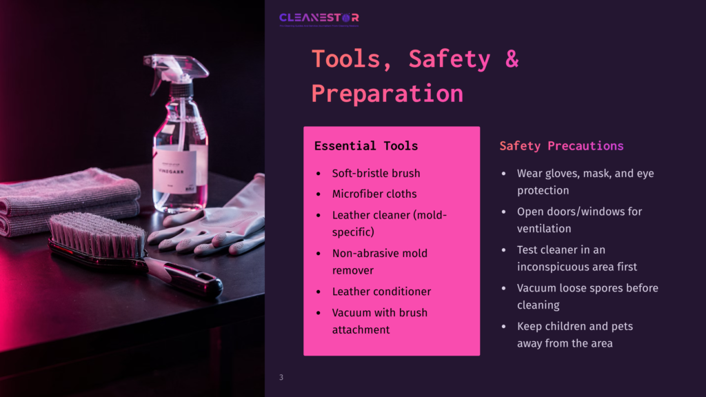 3 Tools Safety And Preparation 2 Cleaning Supplies Including A Spray Bottle, Microfiber Cloths, Leather Cleaner, And A Brush Are Laid Out On A Dark Surface, With A Safety Precautions List On A Purple Background.