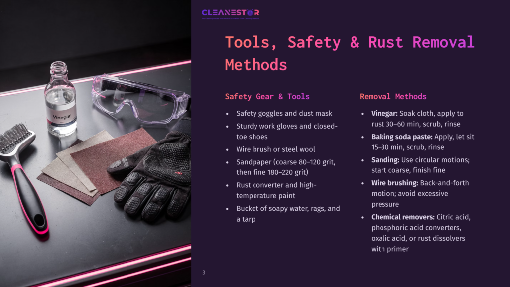 3 Tools Safety And Rust Removal Methods Cleanestor Logo At The Top Of A Slide Detailing Tools, Safety Gear, And Rust Removal Methods, Including Vinegar, Baking Soda Paste, Sandpaper, Wire Brushes, And Chemical Removers.