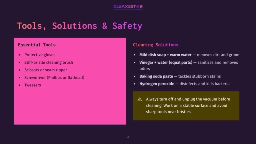 A Dark Purple Slide Titled &Quot;Tools, Solutions &Amp; Safety&Quot; Lists Essential Cleaning Tools Like Gloves, Brushes, And Screwdrivers, And Cleaning Solutions Including Dish Soap, Vinegar, Baking Soda, And Hydrogen Peroxide.