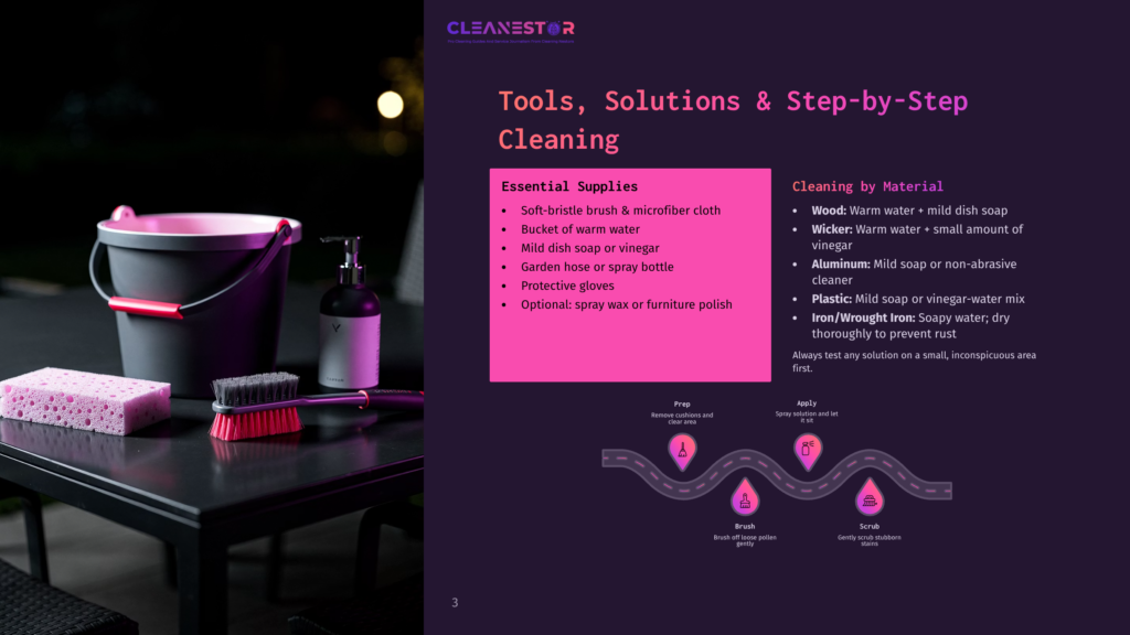 3 Tools Solutions And Step By Step Cleaning Cleaning Supplies For Outdoor Furniture, Including A Pink Sponge, Scrub Brush, And Soap Dispenser, Sit On A Dark Outdoor Table At Night.
