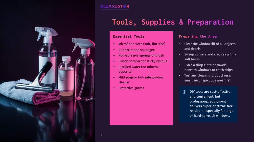 Cleaning Supplies Including Spray Bottles, Microfiber Cloths, Rubber Squeegee, And Gloves Are Arranged On A Dark Background, With Text Listing Essential Tools And Preparation Steps For Cleaning.