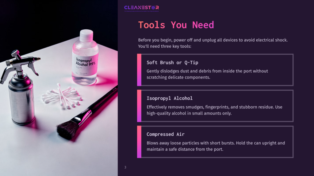 A White Table With Three Tools: A Silver Spray Bottle, A Soft Brush, And A Bottle Of Isopropyl Alcohol 99%.