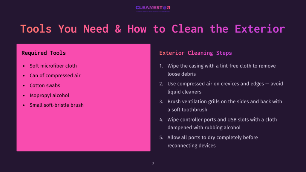 The Image Displays A Presentation Slide Titled &Quot;Tools You Need &Amp; How To Clean The Exterior,&Quot; Listing Required Tools Like Microfiber Cloth, Compressed Air, And Cotton Swabs, Alongside Exterior Cleaning Steps.
