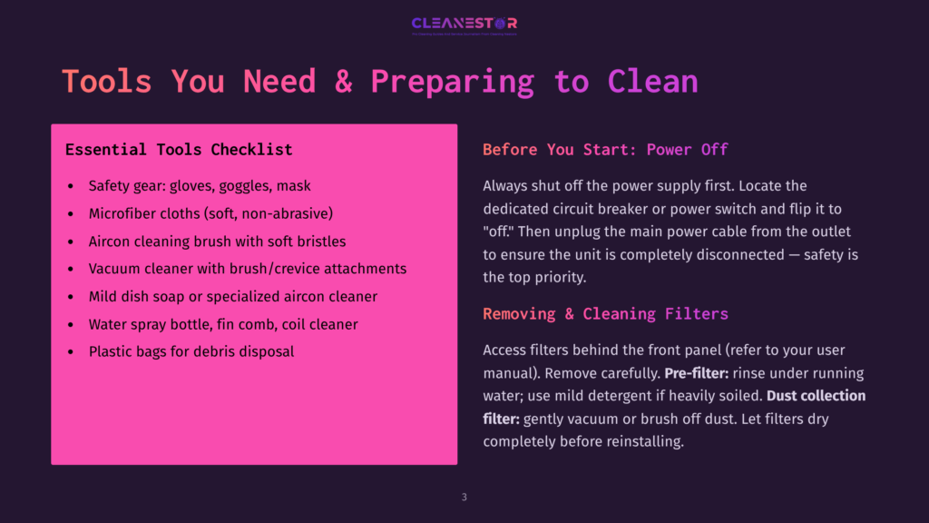 An Infographic Displays Essential Tools And Steps For Preparing To Clean, With A Pink Background And Bold Black Text. It Includes A Checklist Of Necessary Tools Such As Safety Gear, Microfiber Cloths, And A Vacuum Cleaner, As Well As Safety Steps Like Turning Off The Power Supply And Removing Filters.