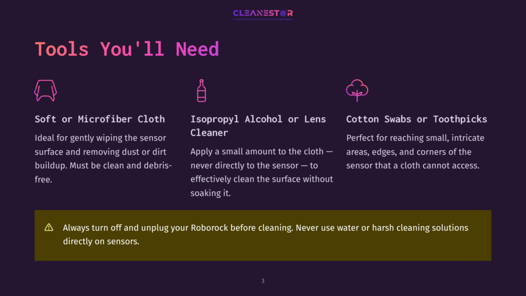 Tools For Cleaning Robot Sensors: Soft Microfiber Cloth, Isopropyl Alcohol Or Lens Cleaner, And Cotton Swabs Or Toothpicks. Includes Safety Warning To Turn Off Robot And Unplug Before Cleaning.