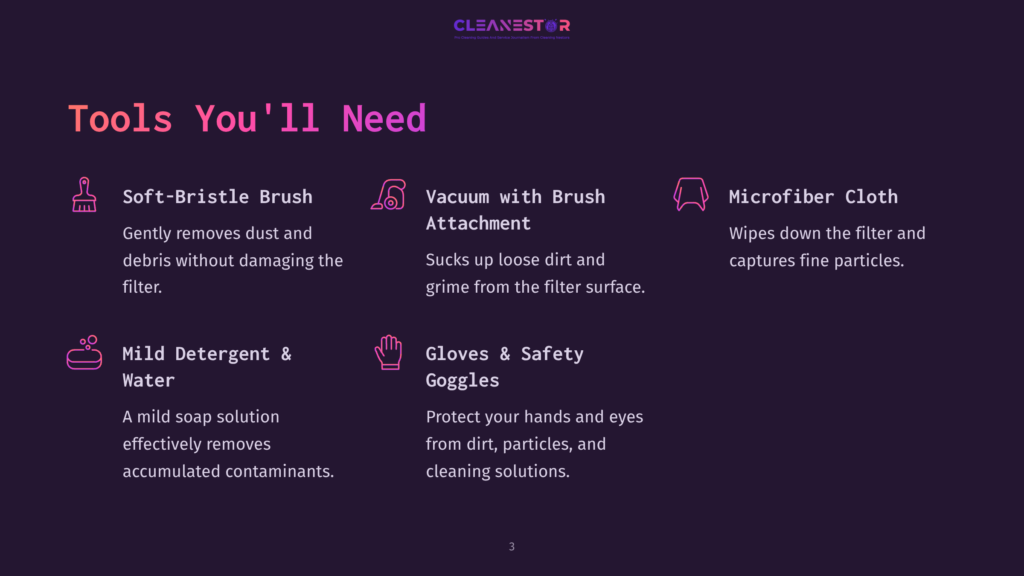 Tools For Cleaning: Soft-Bristle Brush, Vacuum With Brush Attachment, Microfiber Cloth, Mild Detergent And Water, And Gloves &Amp; Safety Goggles. Text Lists Essential Cleaning Supplies.