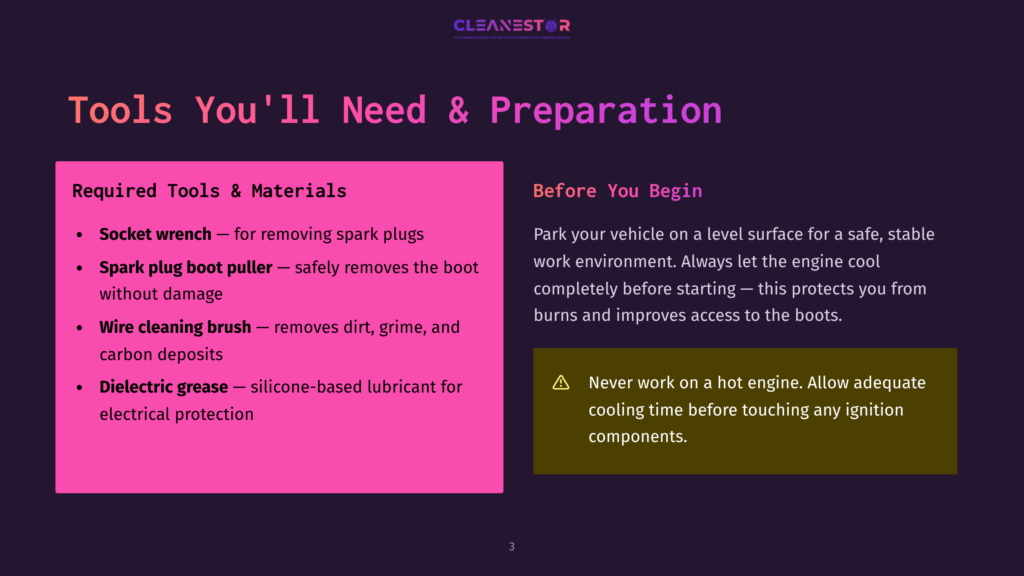 3 Tools Youll Need And Preparation A Dark Purple Graphic Titled &Quot;Tools You'Ll Need &Amp; Preparation&Quot; Lists Items For Car Maintenance: Socket Wrench, Spark Plug Boot Puller, Wire Cleaning Brush, And Dielectric Grease. A Warning Advises Working On A Cool Engine.