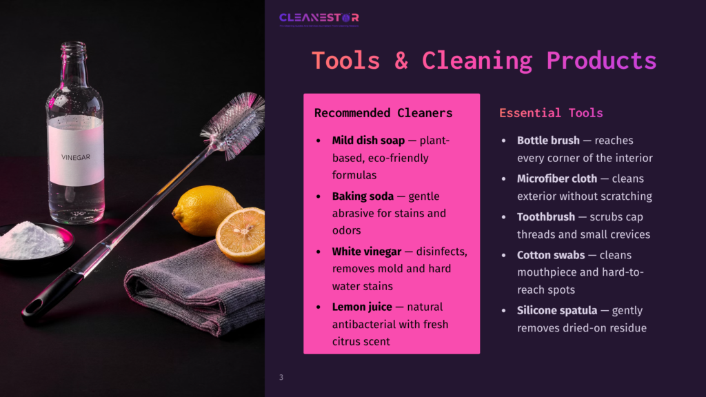 A Bottle Of White Vinegar, A Lemon, A Scrubbing Brush, And A White Powder Sit On A Dark, Textured Surface, Alongside A Gray Cloth. Text Overlays List &Quot;Tools &Amp; Cleaning Products&Quot; And Recommended Cleaners Like Baking Soda And White Vinegar.