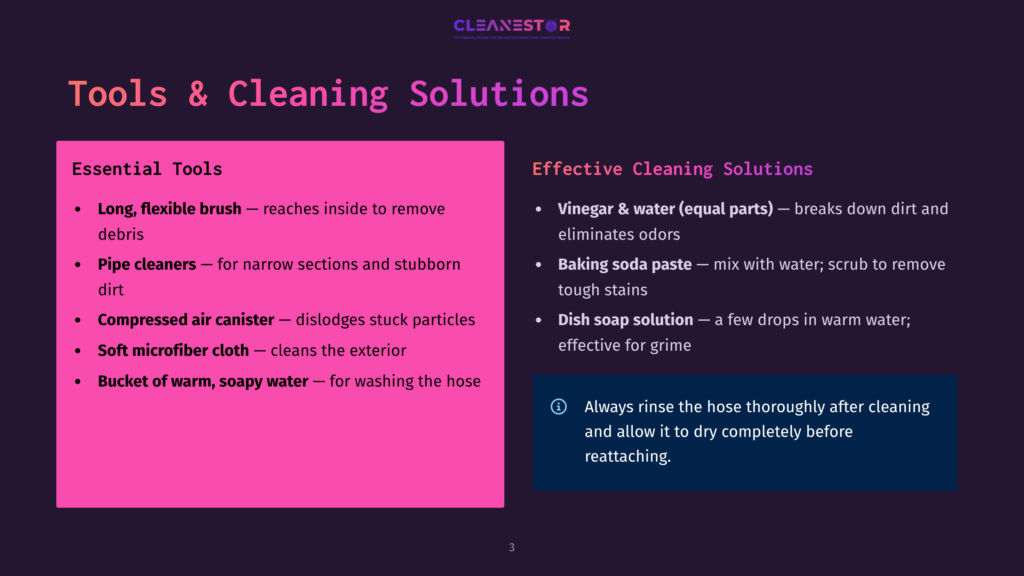 Presentation Slide Titled &Quot;Tools &Amp; Cleaning Solutions&Quot; And &Quot;Effective Cleaning Solutions&Quot; Listing Cleaning Tips Like Using A Long Flexible Brush, Pipe Cleaners, Compressed Air, Microfiber Cloth, And Vinegar/Water Solution.