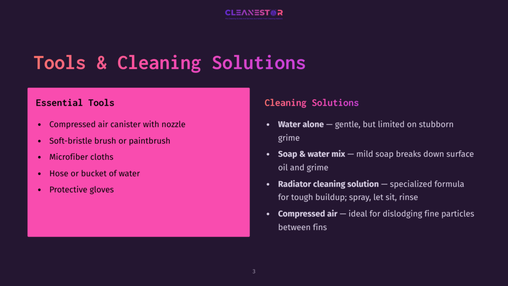 3 Tools And Cleaning Solutions A Dark Purple Slide Titled &Quot;Tools &Amp; Cleaning Solutions&Quot; Lists Essential Tools Like Compressed Air, Brushes, Cloths, And Gloves, And Cleaning Solutions Such As Water, Soap, And Specialized Radiator Cleaner.