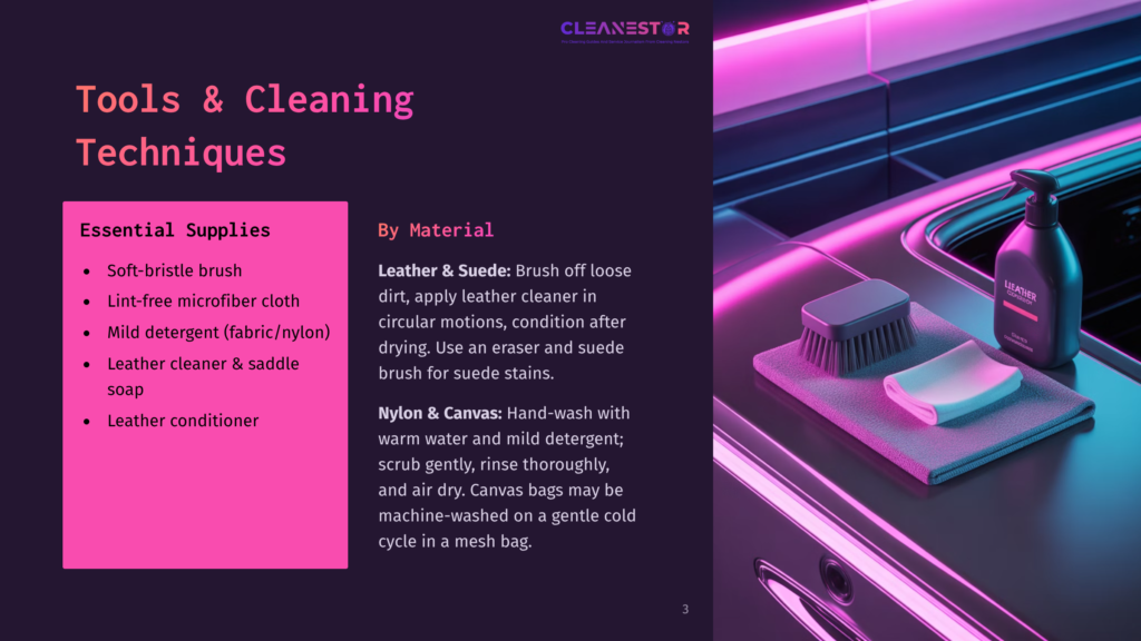Close-Up Of Car Cleaning Supplies: A Dark Grey Brush, A White Cleaning Sponge, And A Spray Bottle Of Leather Cleaner On A Microfiber Cloth With Pink Neon Lighting.