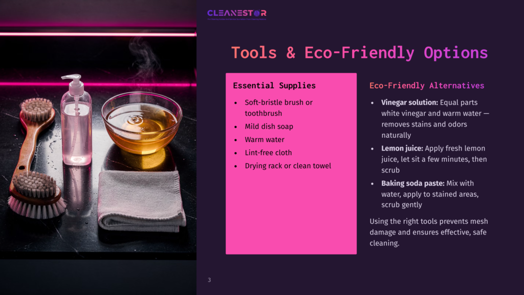 Cleanestor Logo And Text About Eco-Friendly Cleaning Options, Including Vinegar Solution, Lemon Juice, And Baking Soda Paste, Next To A Cleaning Kit With Brushes, Soap, And A Cloth.
