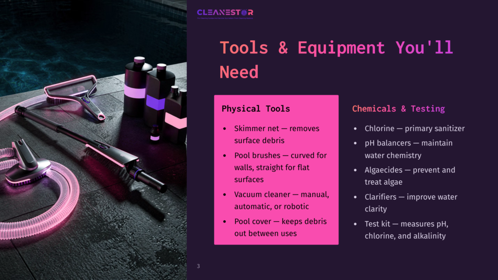 A Pool Cleaning Kit With A Vacuum, Skimmer Net, And Pool Brushes Rests On A Wet, Dark Surface Next To Bottles Of Pool Chemicals. The Text &Quot;Tools &Amp; Equipment You'Ll Need&Quot; And &Quot;Physical Tools&Quot; Are Visible.