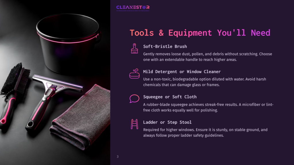 Cleanestor Cleaning Tools: Soft-Bristle Brush, Squeegee, Microfiber Cloth, Mild Detergent, And Step Stool For Window Cleaning.