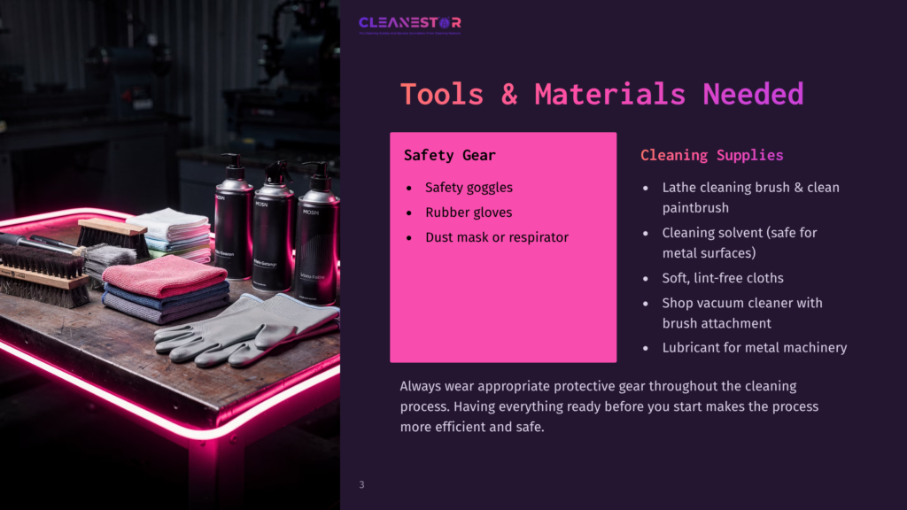 Cleanestor Safety Gear And Cleaning Supplies Displayed On A Workbench, Including Gloves, Cloths, Cleaning Solvent, And Spray Cans, With Text Listing Tools And Materials For Cleaning A Lathe.