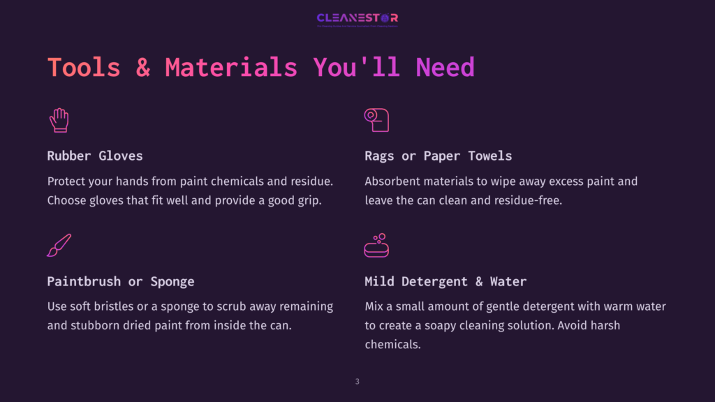 Tools And Materials For Cleaning Paint Residue: Rubber Gloves, Rags Or Paper Towels, Paintbrush Or Sponge, Mild Detergent And Water. Text Lists Cleaning Supplies.