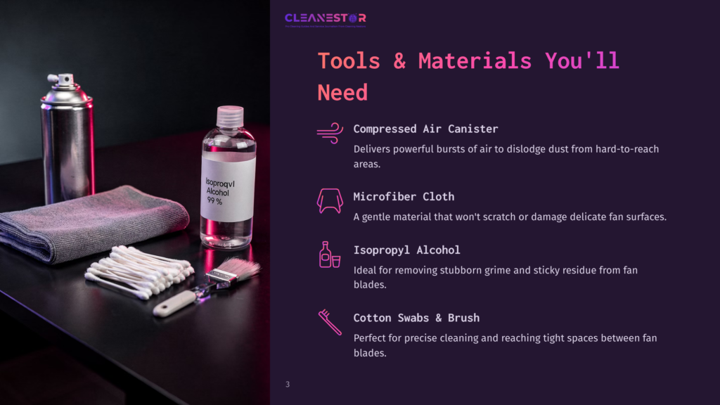 Tools For Cleaning Electronics: Compressed Air, Microfiber Cloth, Isopropyl Alcohol, And Cotton Swabs Are Laid Out On A Dark Surface.