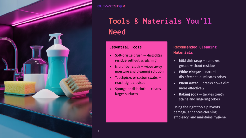 3 Tools And Materials Youll Need 15 Cleanestor Logo And &Quot;Tools &Amp; Materials You'Ll Need&Quot; Text On A Pink Background, Listing Cleaning Supplies Like Soft-Bristle Brushes, Microfiber Cloths, Toothpicks, And Baking Soda.