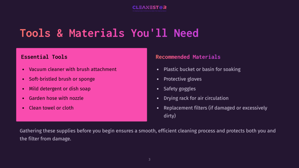 3 Tools And Materials Youll Need 17 A Dark Purple Slide Titled &Quot;Tools &Amp; Materials You'Ll Need&Quot; Lists Essential Tools Like A Vacuum Cleaner And Garden Hose, And Recommended Materials Such As Protective Gloves And Safety Goggles.