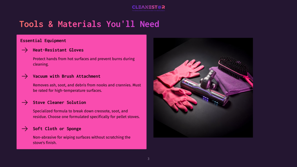 Pink Heat-Resistant Gloves, A Vacuum Cleaner With A Brush Attachment, A Stove Cleaner Solution, And A Soft Cloth Are Laid Out On A Dark Surface, Ready For Cleaning.