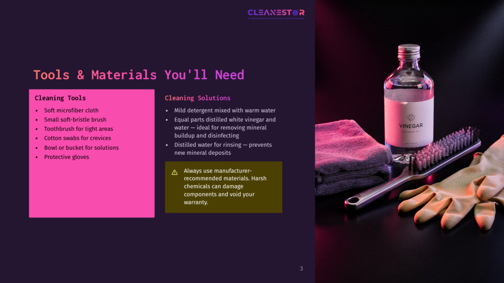 Infographic Detailing Cleaning Tools And Solutions With A Close-Up Of A Bottle Of Vinegar, A Soft Cloth, A Brush, And Gloves On A Dark Background.