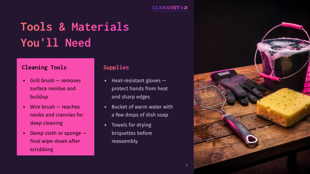 A Bucket Of Soapy Water, A Yellow Sponge, And Heat-Resistant Gloves Are Laid Out On A Wooden Table, Ready For Cleaning Tools Like A Grill Brush. The Text &Quot;Cleanestor&Quot; Is Visible.