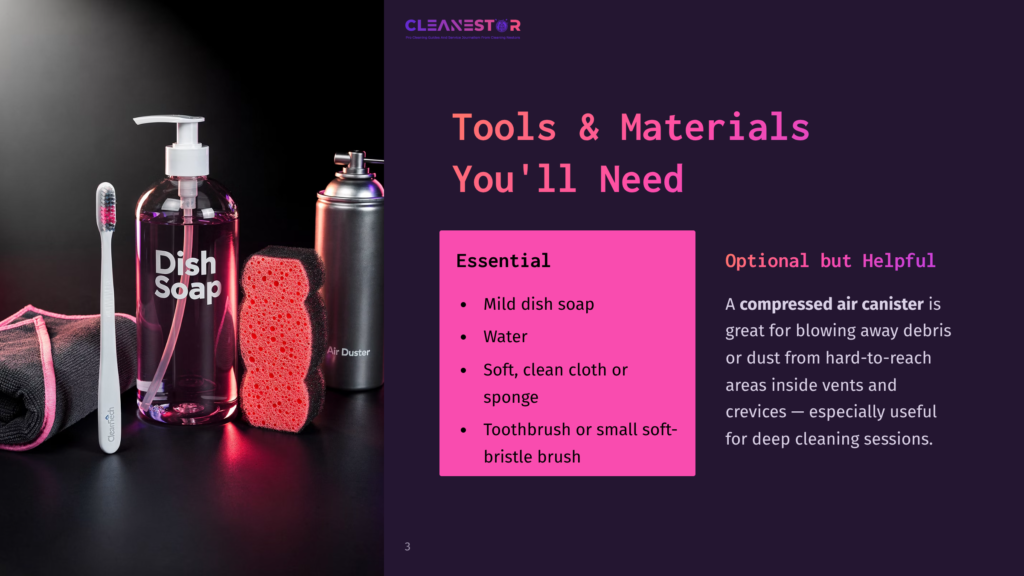 Essential Cleaning Tools: Dish Soap Bottle, Red Sponge, Toothbrush, And An Air Duster Can. Text Reads &Quot;Tools &Amp; Materials You'Ll Need&Quot; And &Quot;Essential&Quot;.