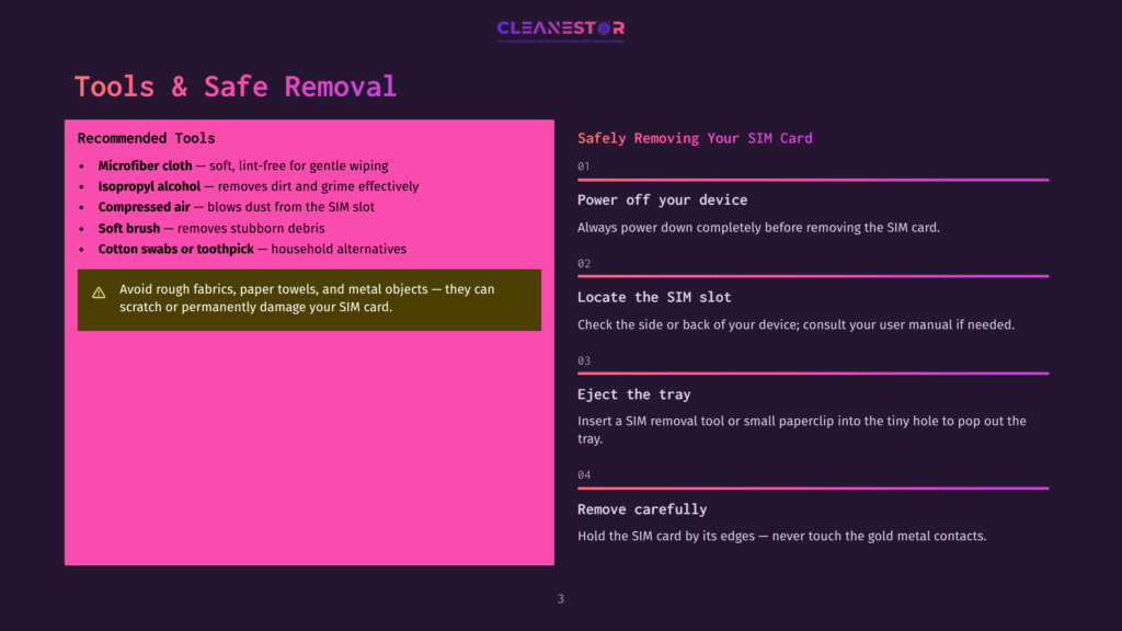 3 Tools And Safe Removal A Dark Purple Slide Titled &Quot;Tools &Amp; Safe Removal&Quot; Lists Recommended Tools Like Microfiber Cloth And Isopropyl Alcohol For Cleaning Sim Cards, With A Warning About Avoiding Damage.