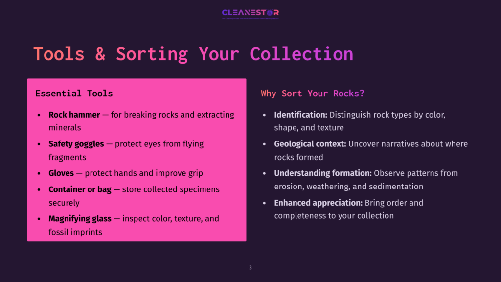 Presentation Slide Titled &Quot;Tools &Amp; Sorting Your Collection&Quot; With Bullet Points Listing Essential Tools Like Rock Hammer And Safety Goggles, And Reasons To Sort Rocks Such As Identification And Geological Context.
