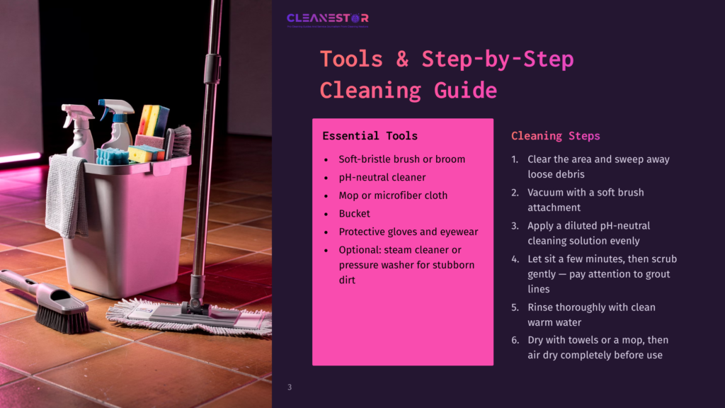 3 Tools And Step By Step Cleaning Guide A Cleaning Guide Titled &Quot;Cleanestor Tools &Amp; Step-By-Step Cleaning Guide&Quot; Displays Essential Cleaning Tools Like Spray Bottles, A Mop, And Brushes In A Pink Bucket, Alongside A Detailed Six-Step Cleaning Process.