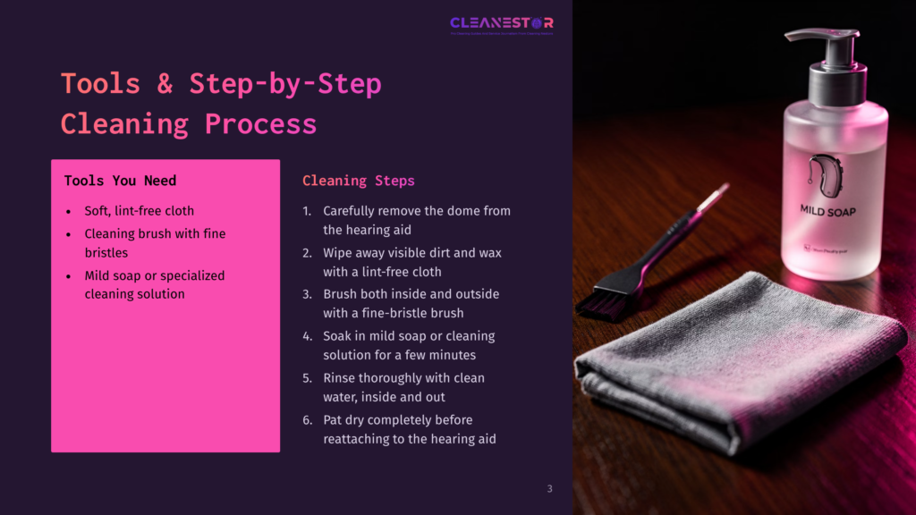 Close-Up Of A Hearing Aid Cleaning Kit: A Bottle Of &Quot;Cleanestar Mild Soap,&Quot; A Soft Brush, And A Gray Microfiber Cloth On A Wooden Surface.
