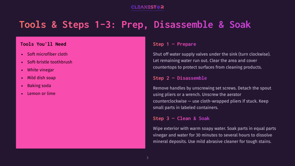 An Instructional Graphic Displays Three Steps For Cleaning A Faucet. A List Of Cleaning Supplies Includes Soft Microfiber Cloth, Soft-Bristle Toothbrush, White Vinegar, Mild Dish Soap, Baking Soda, And Lemon Or Lime. Step One Involves Shutting Off Water Supply Valves And Clearing The Area. Step Two Involves Disassembling The Faucet By Unscrewing Set Screws And Removing The Spout. Step Three Involves Soaking Parts In A Mixture Of Vinegar And Water.