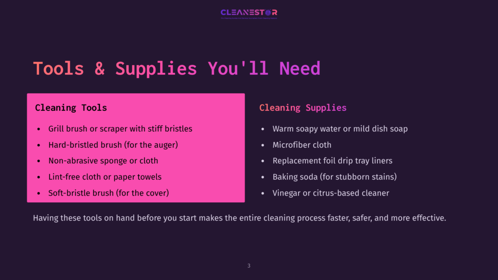 A Slide Titled &Quot;Tools &Amp; Supplies You'Ll Need&Quot; Lists Cleaning Tools Like Brushes And Cloths, And Cleaning Supplies Such As Soap And Vinegar, On A Dark Purple Background.