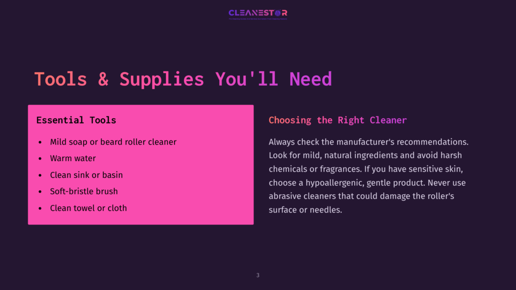 Slide 3 Of 3: Tools &Amp; Supplies You'Ll Need For Cleaning, Featuring A Pink Box With A List Of Essential Tools Like Mild Soap, Warm Water, Soft-Bristle Brush, And Clean Towel, Alongside Advice On Choosing The Right Cleaner.