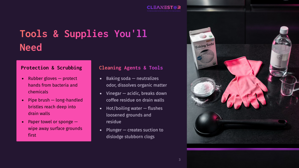 3 Tools And Supplies Youll Need 2 Pink Rubber Gloves, Baking Soda, And Vinegar Are Laid Out On A Black Countertop, Ready For Cleaning. A Bottle Of Vinegar And A Box Of Arm &Amp; Hammer Baking Soda Are Visible.