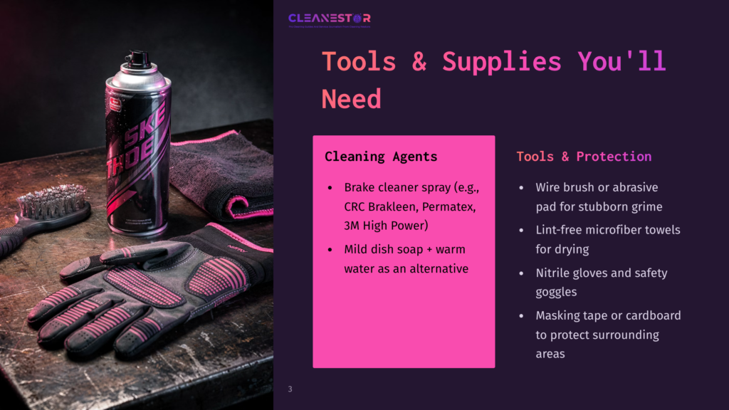 A Can Of &Quot;Ske Ride&Quot; Brake Cleaner Spray, A Microfiber Cloth, Work Gloves, And A Wire Brush Sit On A Dark, Textured Surface, Ready For Cleaning Tasks.