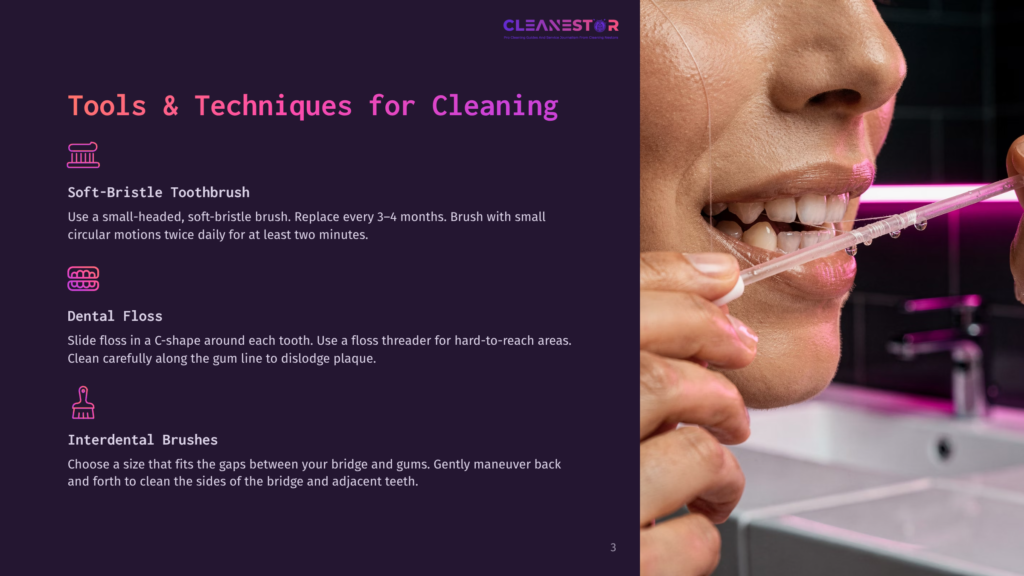 3 Tools And Techniques For Cleaning Close-Up Of A Woman'S Mouth As She Uses A Dental Floss Threader To Clean Between Her Teeth, Demonstrating Proper Flossing Technique For Oral Hygiene.