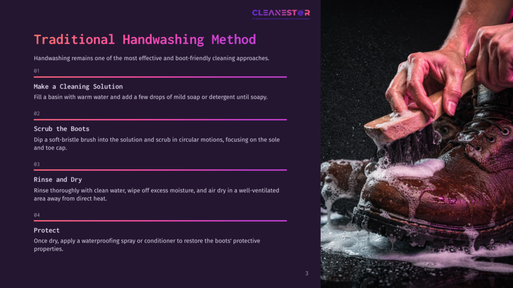 Close-Up Of A Person'S Hands Scrubbing A Brown Leather Boot With A Stiff Brush And White Soap Suds, With Water Splashing On A Dark, Wet Surface.