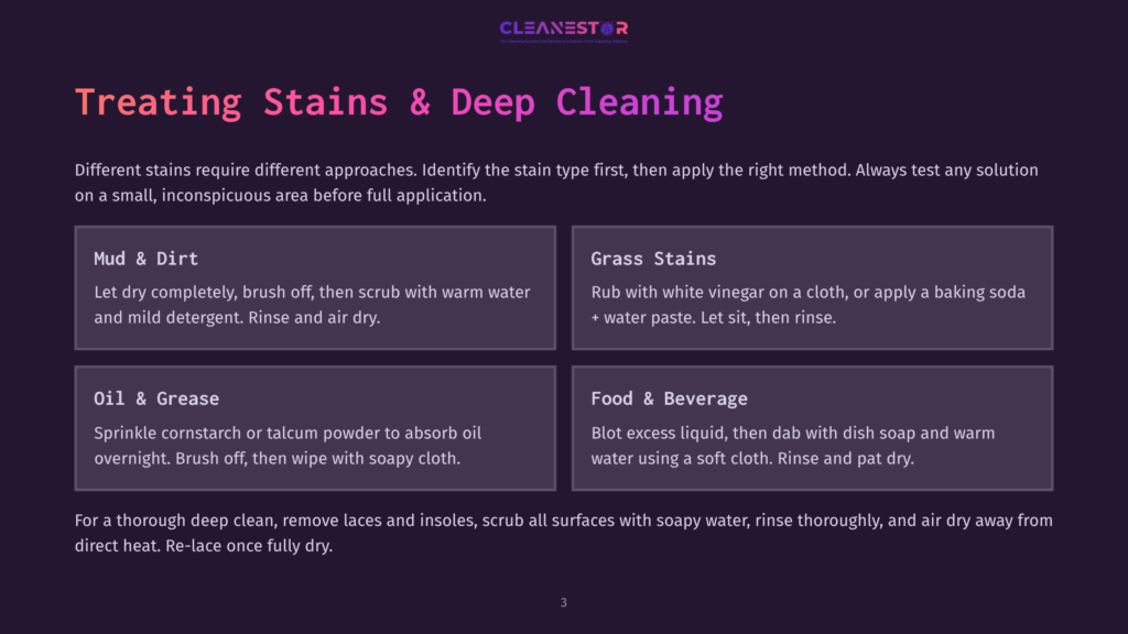 Infographic Detailing How To Treat Stains And Deep Clean Shoes, With Sections On Mud &Amp; Dirt, Grass Stains, Oil &Amp; Grease, And Food &Amp; Beverage Stains.